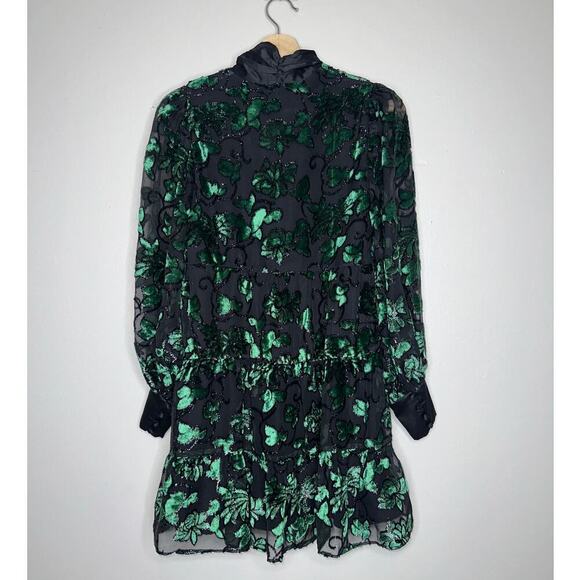 Alice + Olivia Rowen Bow Neck Blouson Sleeve Tiered Dress Green/Black Small - Picture 10 of 11